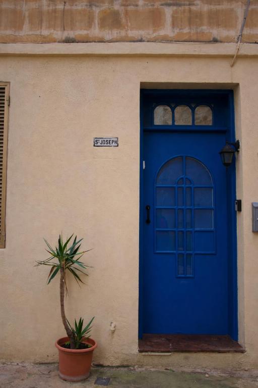 a blue door on a building with a potted plant at 11 St Joseph in Birgu