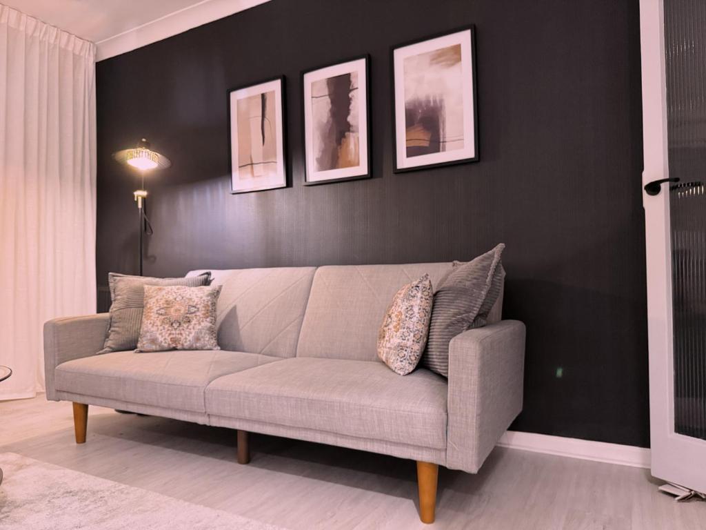 a living room with a gray couch against a black wall at Wildoaks in Northwood