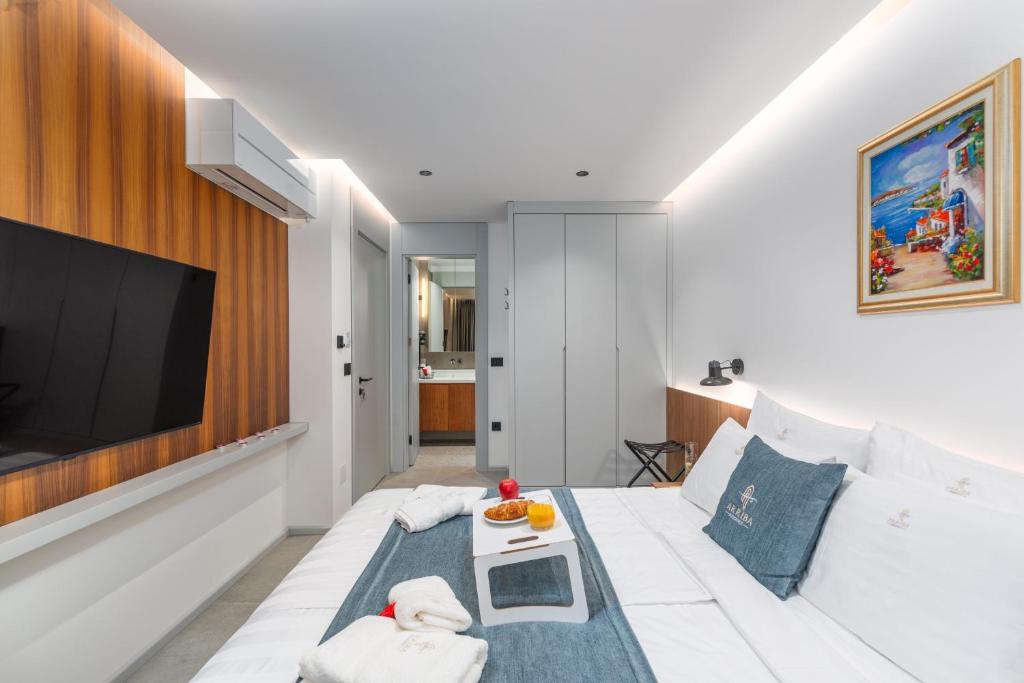 a living room with a white couch and a tv at Arriba Rooms in Poreč