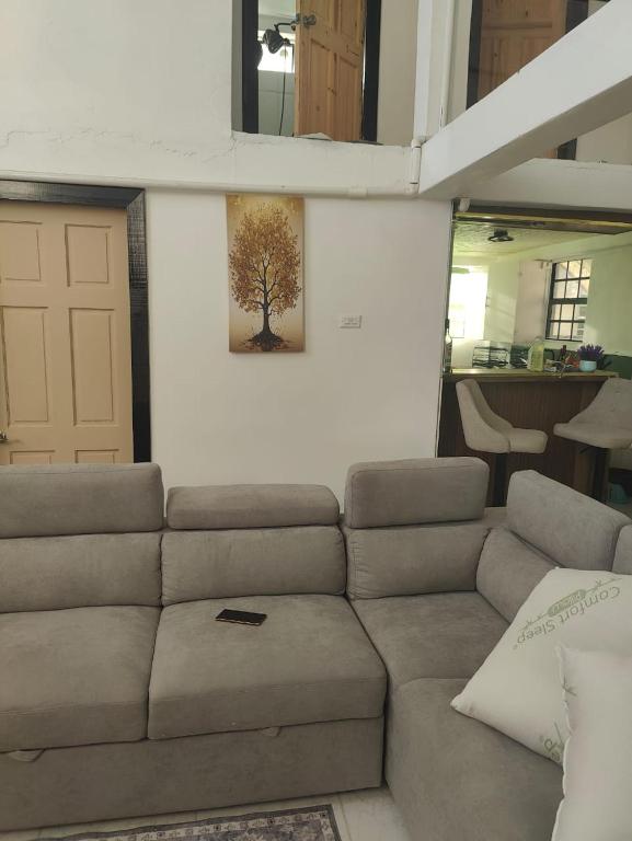 a living room with a couch and a tree on the wall at Optimum Apartments in Providence