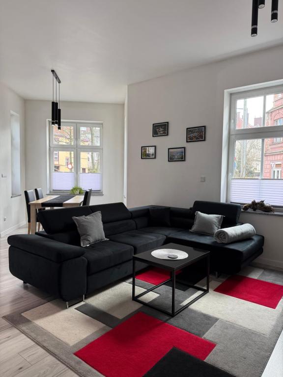 a living room with a black couch and a red rug at I'M Apartment SILVER II centrum free parking in Bolesławiec