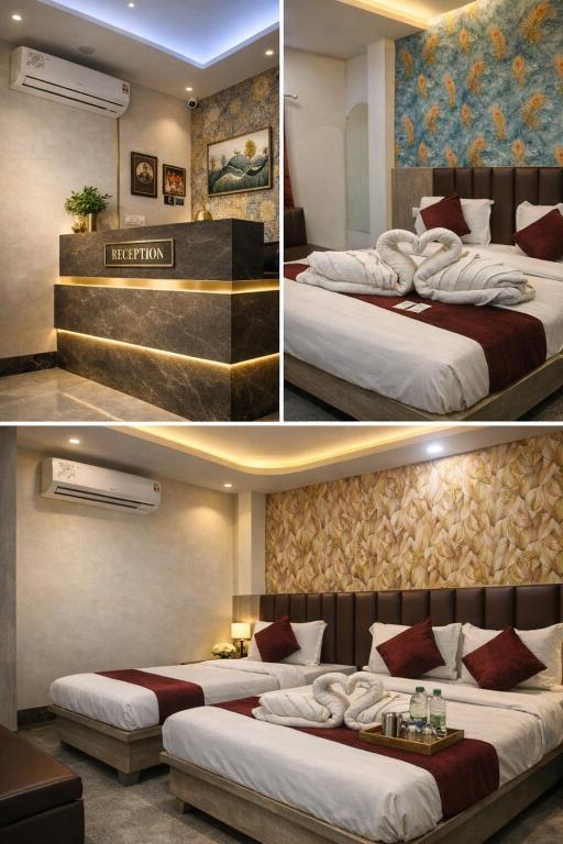 two pictures of a hotel room with two beds at Hotel Alpine in Indore