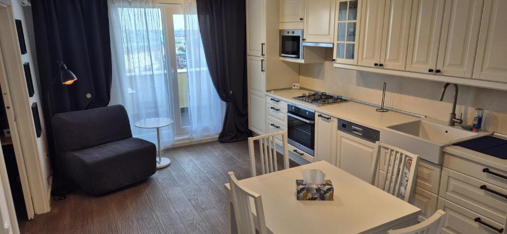 a kitchen with a table and a chair and a table and a chair at Cosmo Iris in Ştefăneştii de Sus