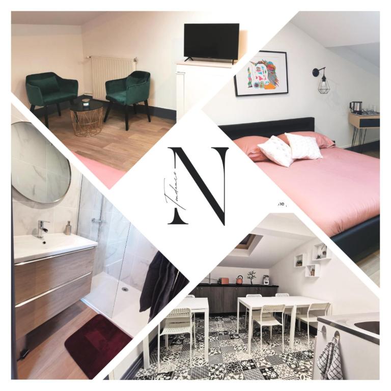 a collage of images of a bedroom and a bathroom at Nuit Tendance Mâcon - Chambre Moderne Centre ville E in Mâcon