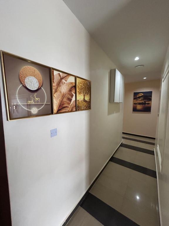 a hallway with three paintings on the wall at Omas Apartment in Abuja