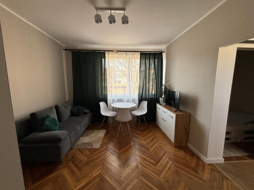 a living room with a couch and a table at Apartament Mazurski Azyl in Szczytno