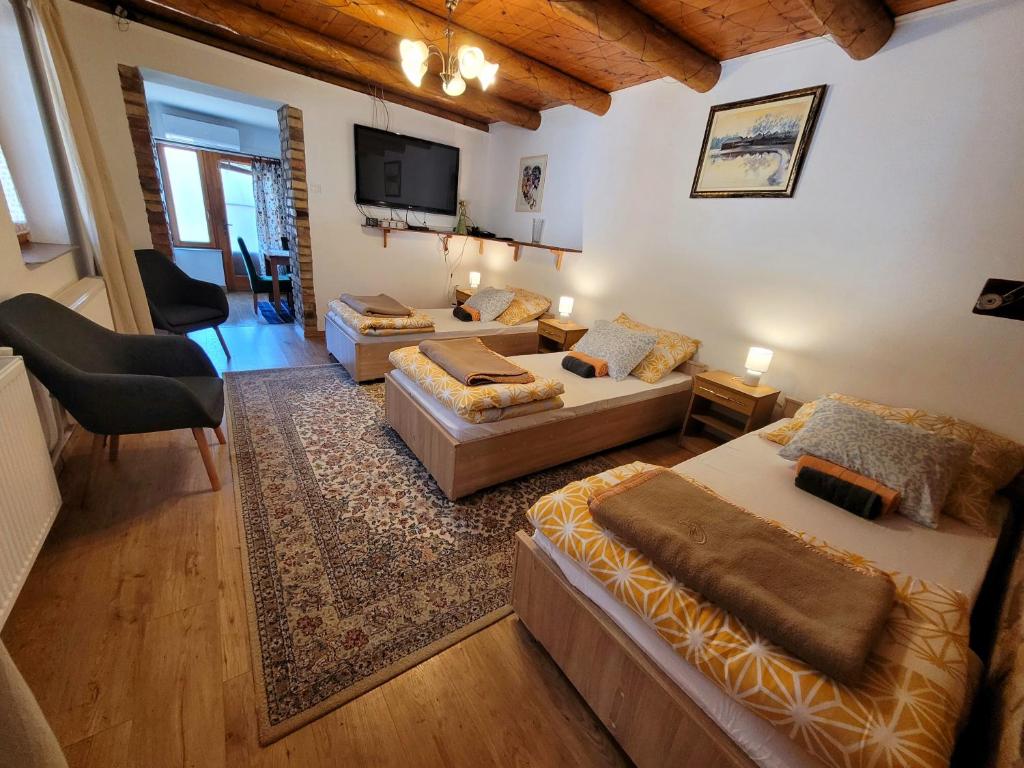 a living room with two beds and a couch at Mandula Apartman in Szeged