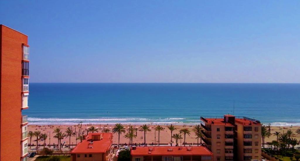 a view of a beach with palm trees and the ocean at Apartamento Beach & Chic San Juan in Alicante