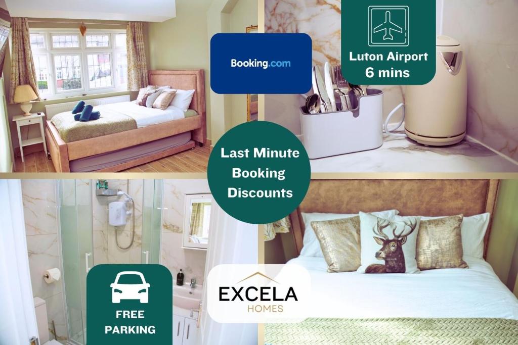 a collage of three pictures of a room with a bed at Modern Airport Annexe - Free Parking - Sleeps 4 - Near Luton Airport in Luton