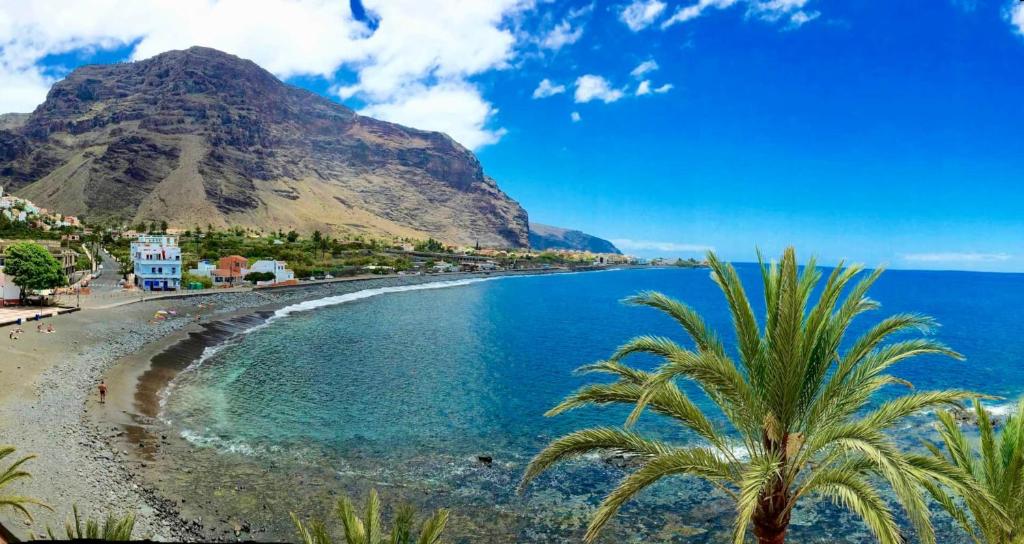 Eine Palme am Strand mit einem Berg im Hintergrund in der Unterkunft Gomera Lounge apartments wellness pianobar in Valle Gran Rey