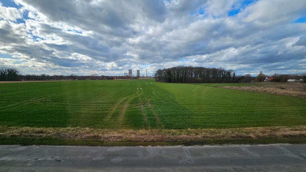 a large green field under a cloudy sky at Ferienwohnung Lippewiesen in Lippetal