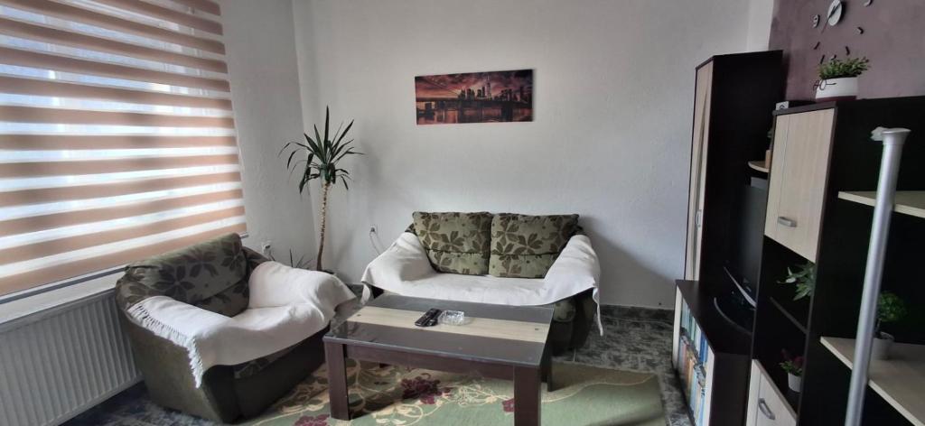 a living room with two chairs and a table at Apartman DMD in Bijelo Polje