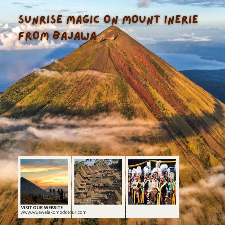 a collage of pictures of a mountain with the words sunrise magic on mount inertia at Wuawela Komodo Tour in Labuan Bajo