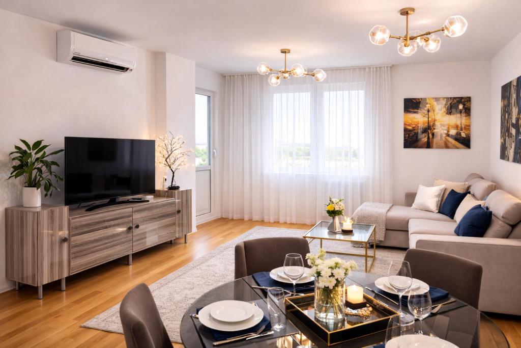 a living room with a couch and a tv at Avenoir Suite in Banja Luka