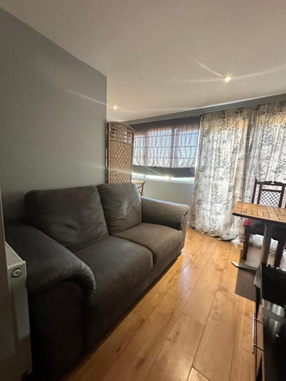 a living room with a couch in front of a window at Bright double studio with large patio space in Raynes Park