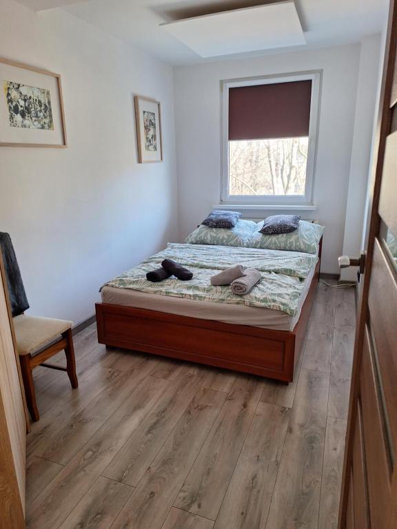 a bedroom with a bed and a window at Mała dziupla in Opole