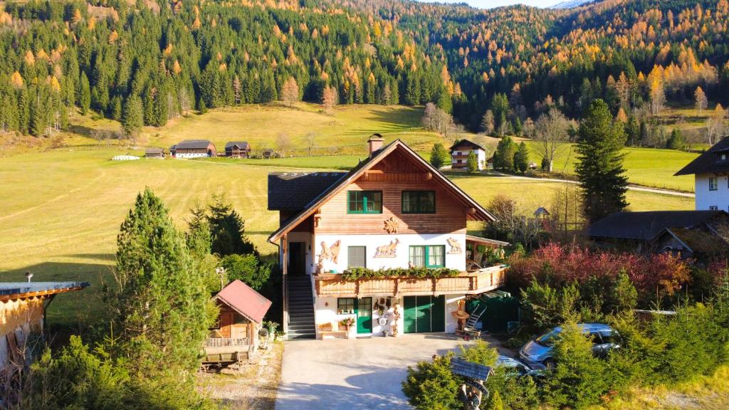 an aerial view of a house in the mountains at Apartment BergWiese 225 in Donnersbachwald