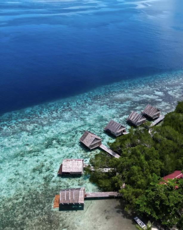 an aerial view of a resort in the water at Methos Homestay - Raja Ampat in Besir