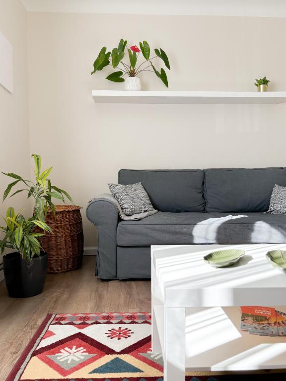 a living room with a couch and a table at Sigulda center apartments in Sigulda