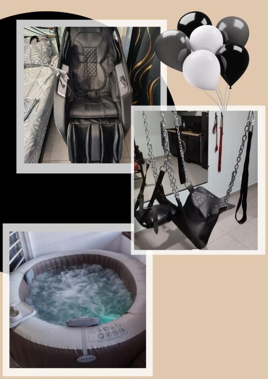 a collage of pictures with a hot tub and balloons at Loveroom avec siège massant et spa in Cayenne