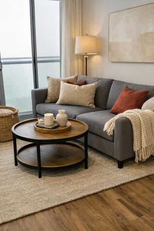 a living room with a couch and a coffee table at Luxury Cityscape Condo in Toronto