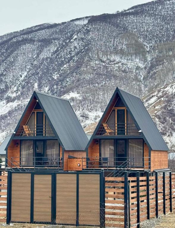 a log cabin with a mountain in the background at Sno loveland in Sno