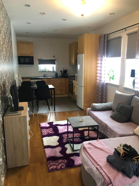 a living room with a couch and a table and a kitchen at Guest house Norrköping in Norrköping