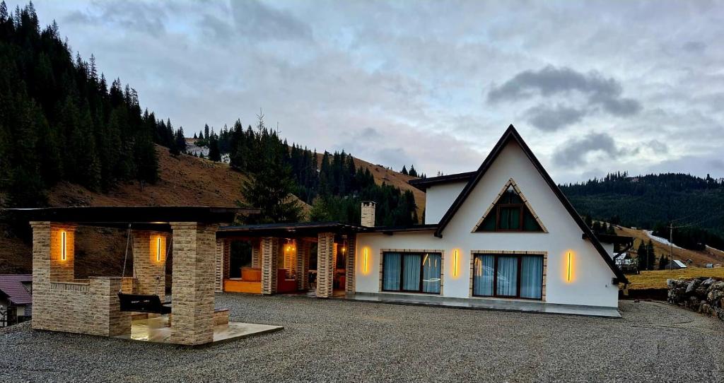 a house in the mountains with a roof at Cabana Edav in Ţibău