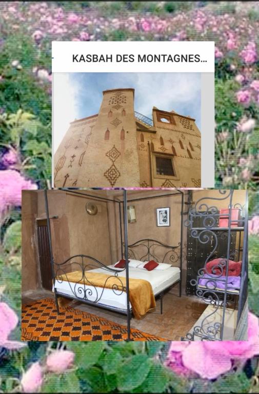 a collage of pictures of a small house with a bed at KASBAH DES MONTAGNS maisons d'hôtes la vallée des roses in Bou Drarar