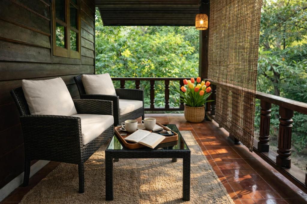 a porch with two chairs and a table with a book at Siam phangan in Ko Phangan