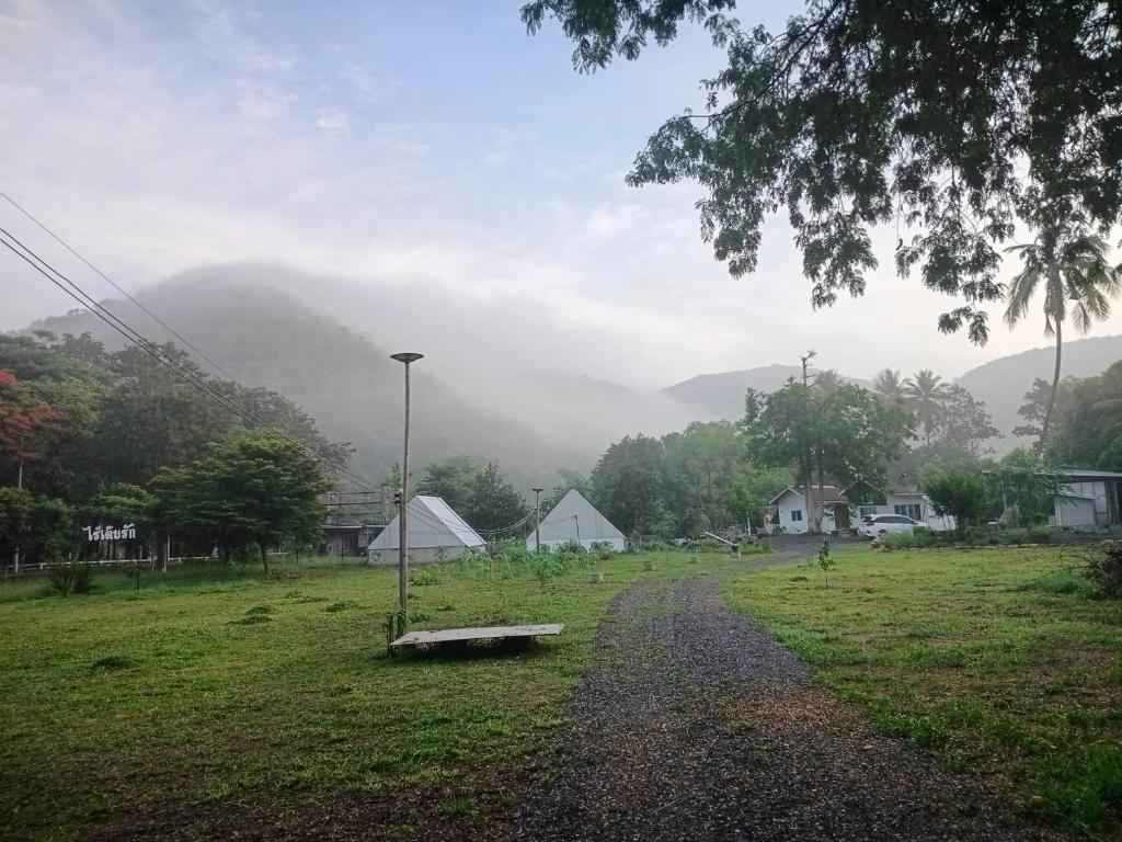 a dirt road in a field with mountains in the background at ไร่เติมรัก - บ้านภูตระการ in Ban Khlong Kum