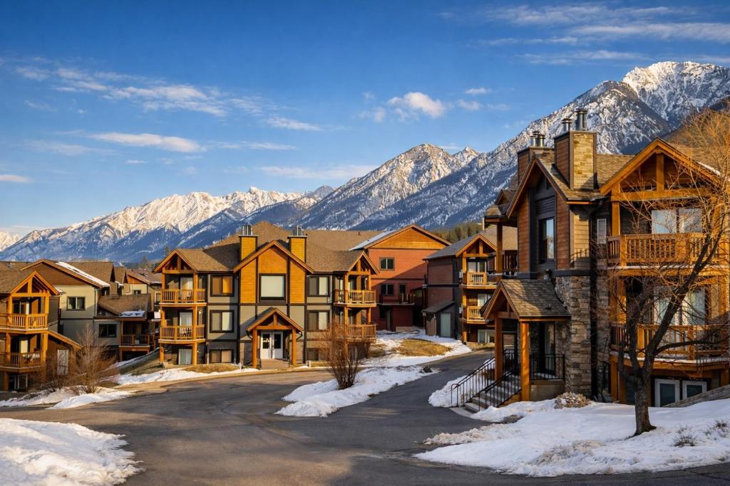 a row of houses with mountains in the background at Summit View Alpine Retreat in Radium Hot Springs
