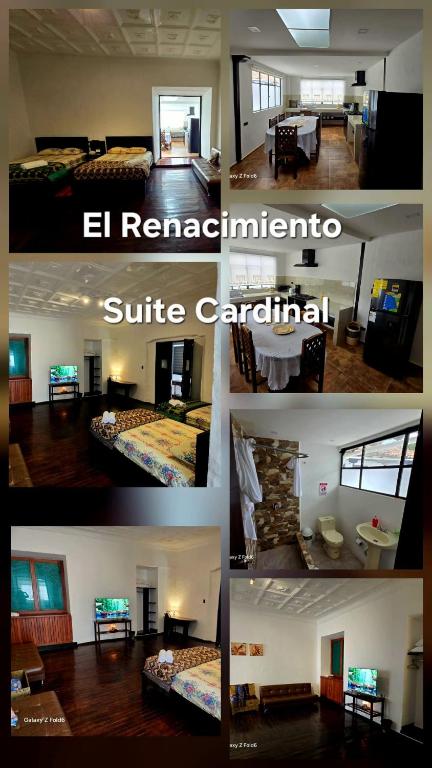 a collage of four pictures of a hotel room at Suite Cardinal - El Renacimiento Suites in Cuenca