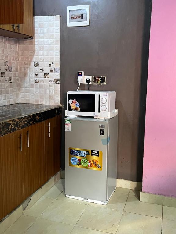a microwave on top of a refrigerator in a kitchen at Twendzetu kilifi in Kilifi