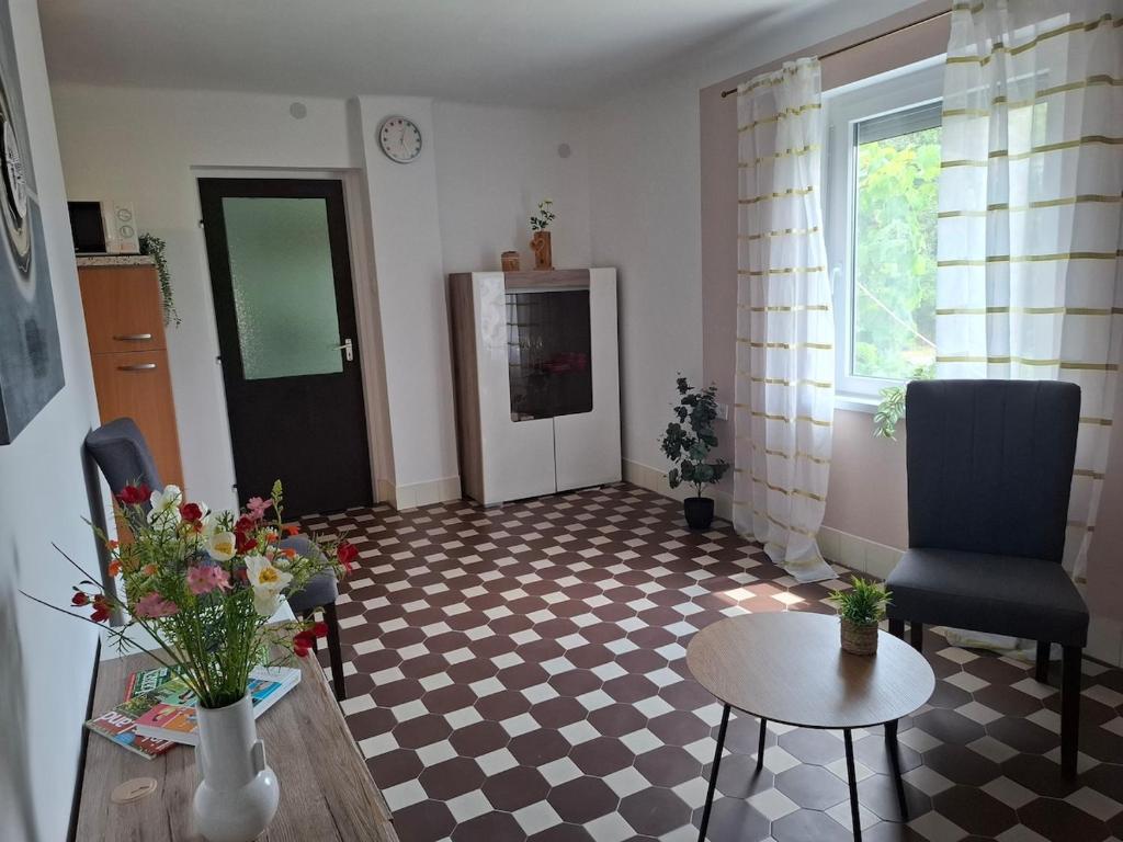 a living room with a checkered floor at Szemben apartment in Csengőd