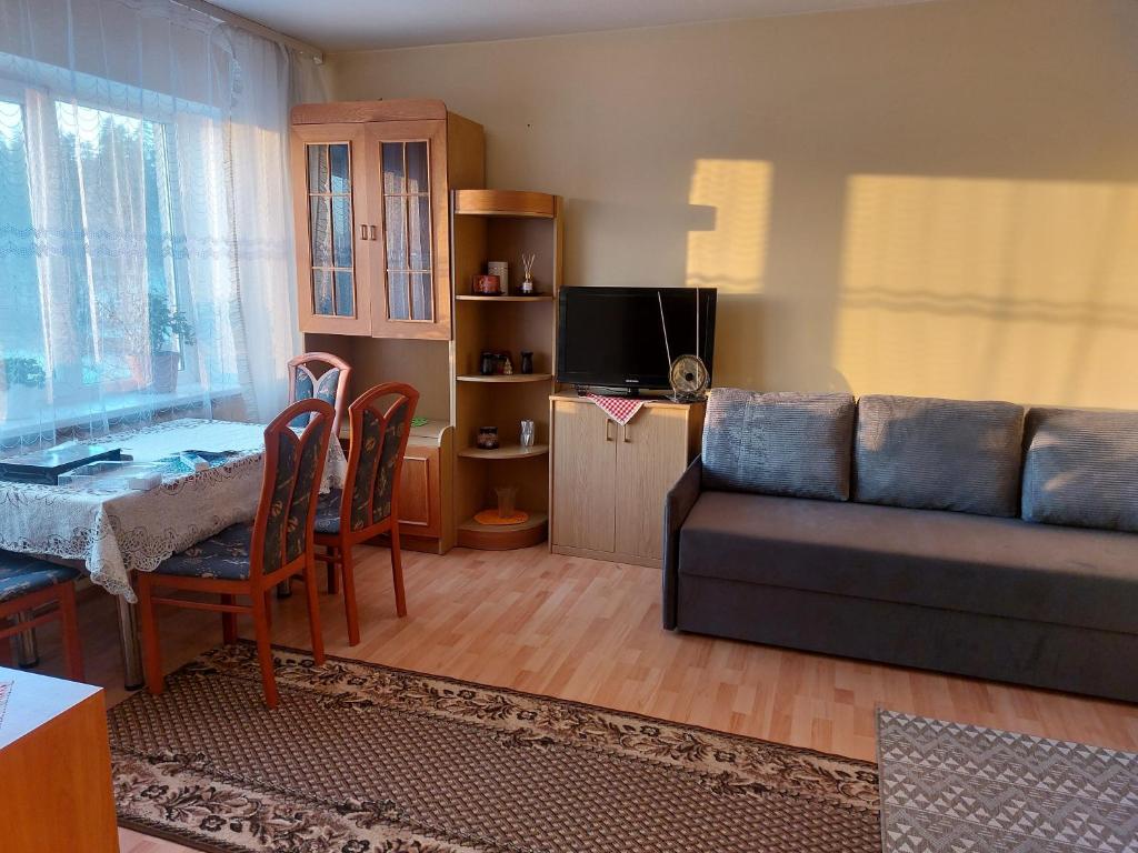 a living room with a couch and a table at Butas in Gaveikėnai