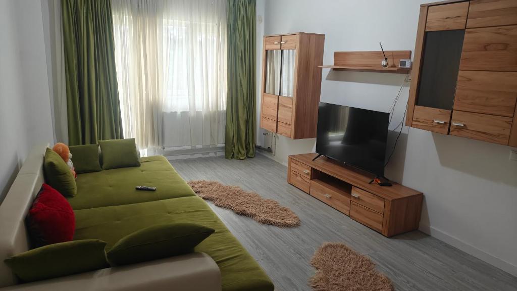 a living room with a green couch and a flat screen tv at Ultracentral Biblioteca in Caracal