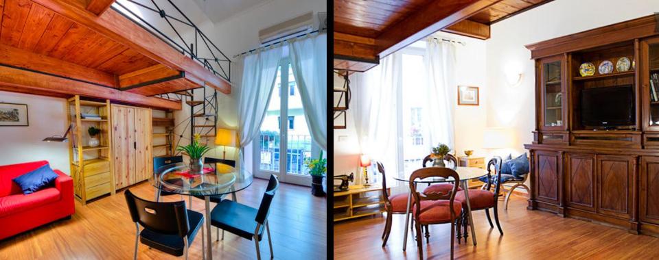 ナポリにあるGuide Tour Apartmentsのリビングルーム(赤いソファ、テーブル付)