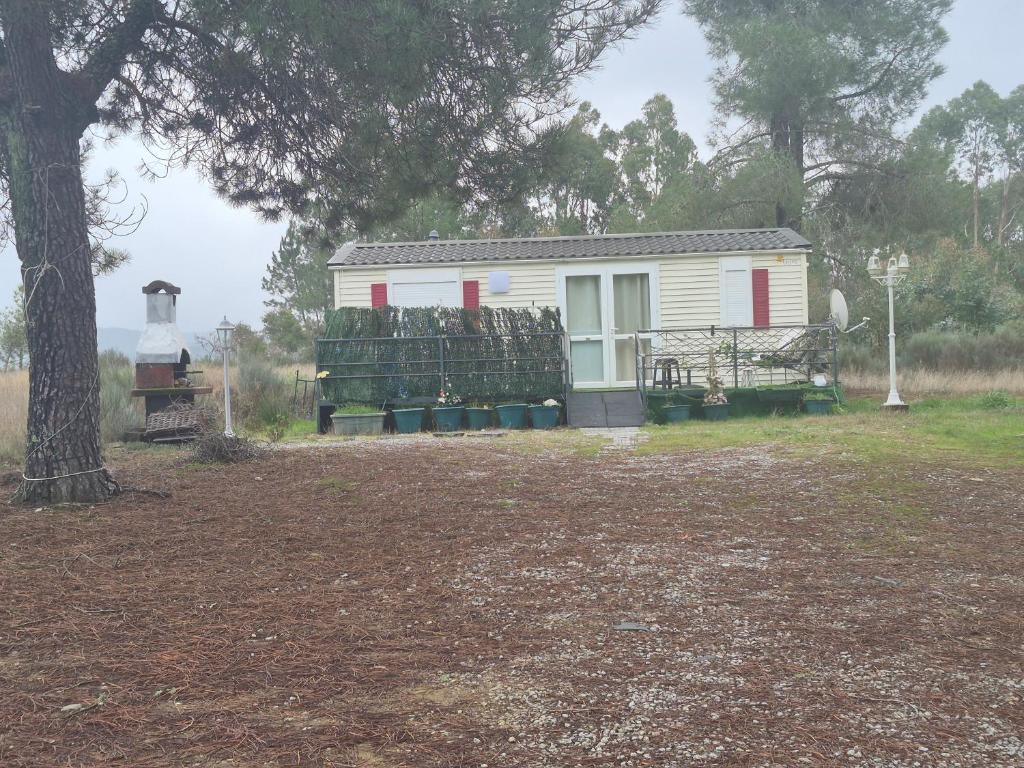 a small white house with a tree and a lighthouse at Casa da praia fluvial o Moinho in Benquerença