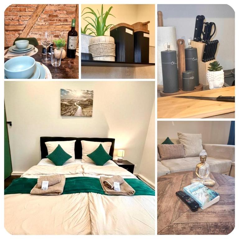 a collage of pictures of a bedroom with a bed at Altstadt-Oase 2 in Cottbus