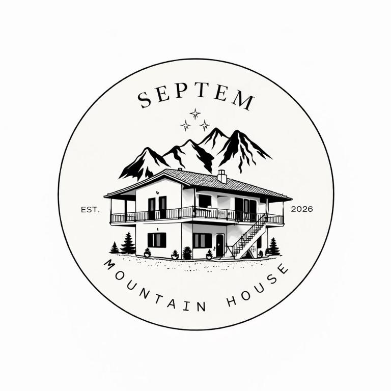 a logotype of a mountain house in a circle with the words squirrel mountain house at Septem Mountain House in Eptalofos