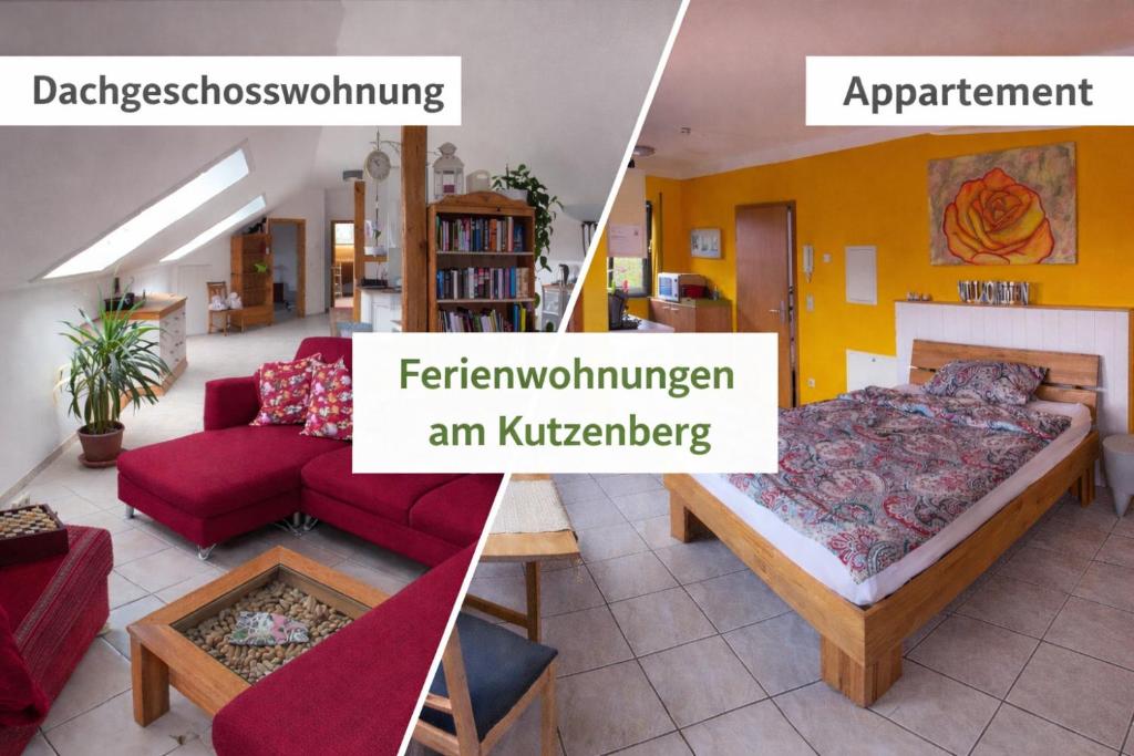 two pictures of a living room with a couch and a bed at Ferienwohnungen auf dem Kutzenberg in Altendorf