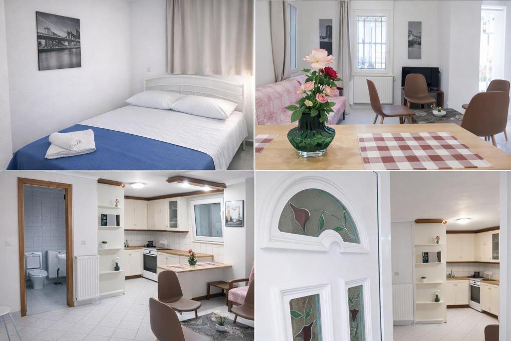 a collage of four pictures of a bedroom and a living room at Ntolos House Old Town in Kavála