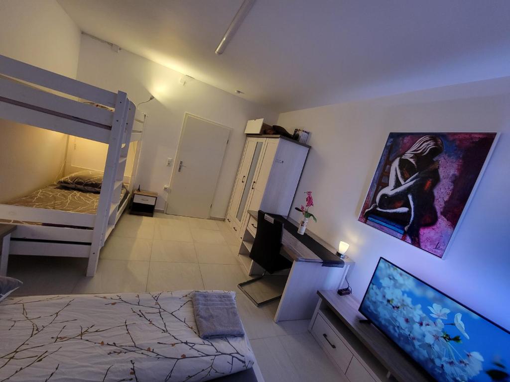a bedroom with a bunk bed and a tv at 3 WG-geeignete Zimmer zur Selbstverpflegung in Ostfildern