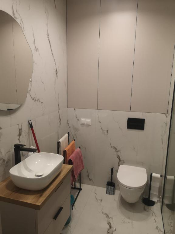 a white bathroom with a toilet and a sink at Nocleg Zagnańska in Kielce