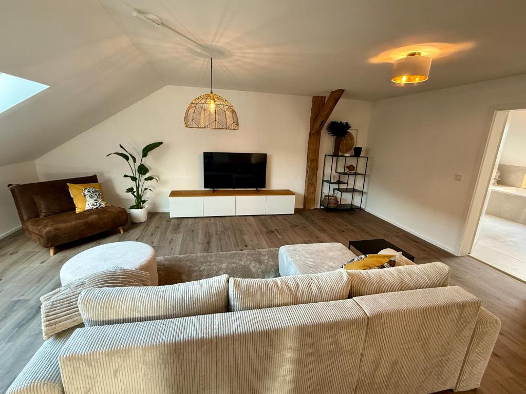 a living room with a couch and a tv at Spessart Escape - Ihr stilvoller Rückzugsort im Herzen des Spessarts in Mespelbrunn