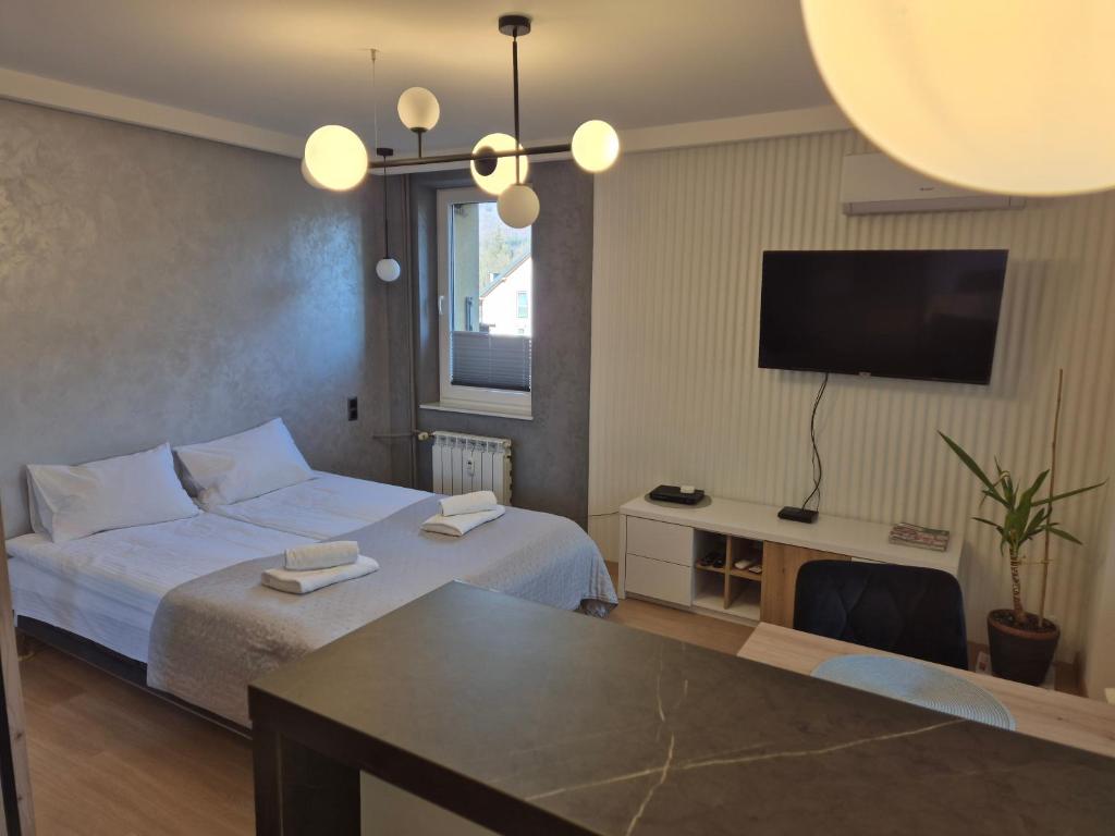 a hotel room with a bed and a television at OffWysowa in Wysowa-Zdrój