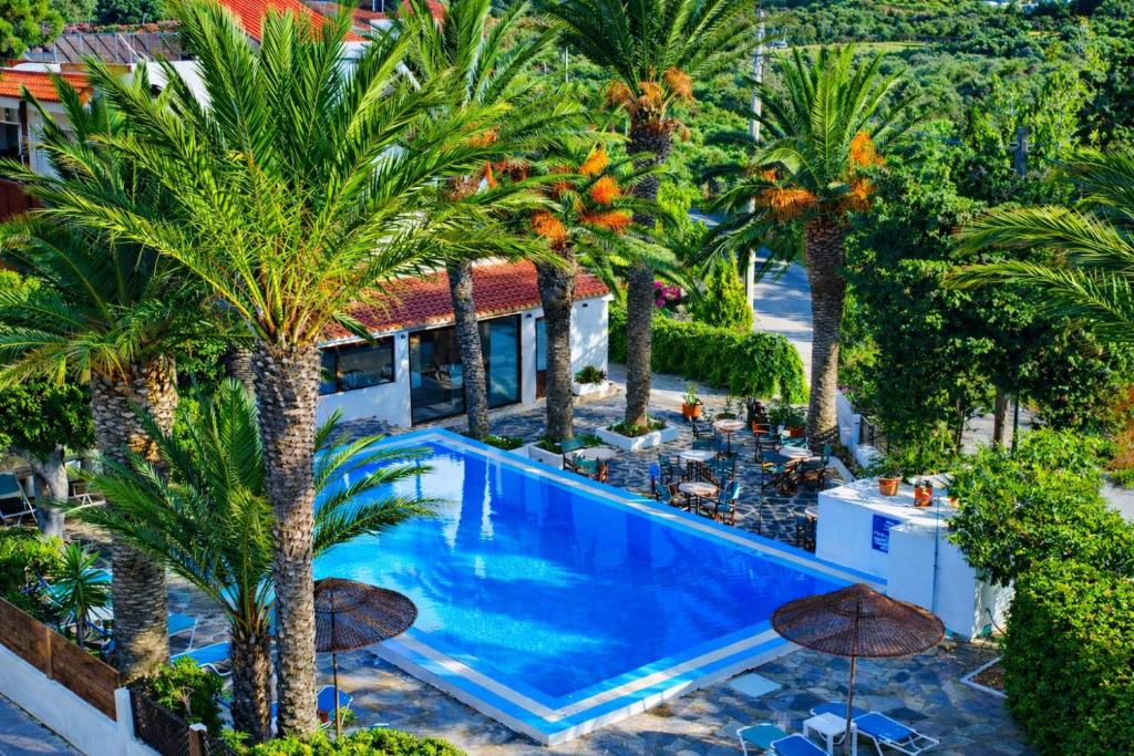 an aerial view of a resort pool with palm trees at Oasis Apartments & Rooms in Plakias