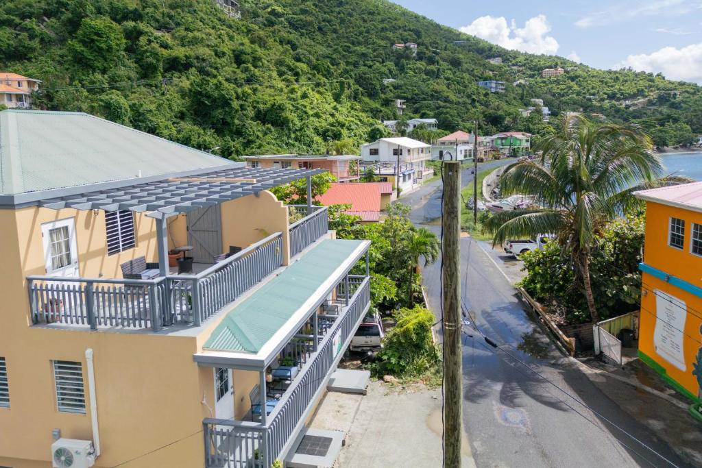an aerial view of a town with a mountain at Kurt's Bayside Oasis in Anderson