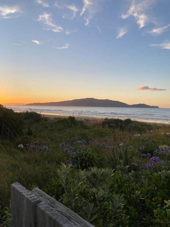 a view of the beach at sunset at Beach side Waikanae Bach in Waikanae